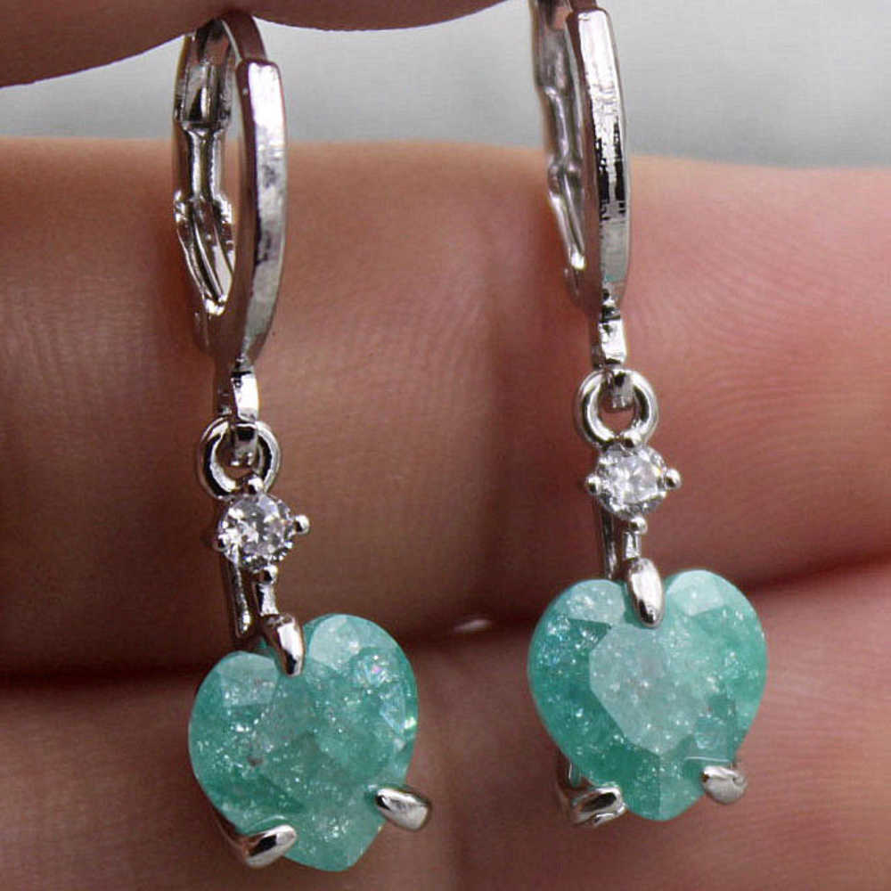 18K White Gold Filled Green Cherry Heart Diamond Zircon Dangle Earrings 1.71ctw